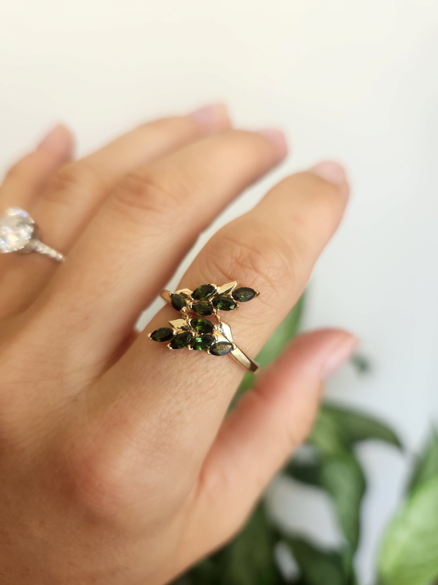 14 Karat Yellow Gold "Vinea" Floral Bypass Style Green Tourmaline Ring