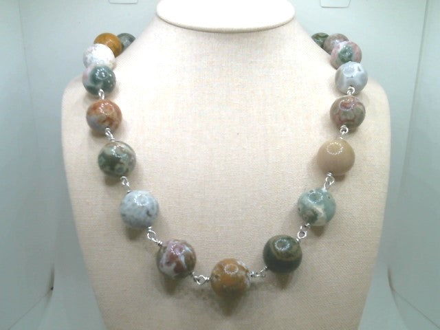 Sterling Silver 18 Mm Multi Color Jasper Bead Link Necklace With Large Spring Ring Clasp, 26"