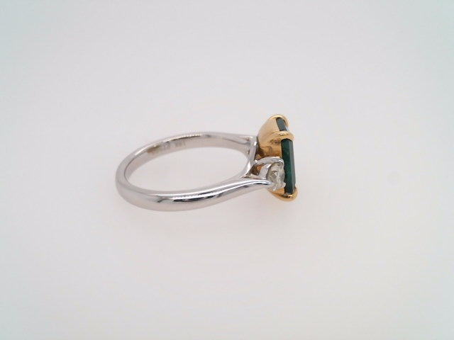 Platinum & 18 Karat Yellow Gold Emerald & Diamond 3 Stone Ring