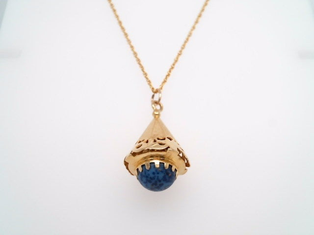 Vintage 18 Karat Yellow Gold Cone Shaped Charm/Pendant With Blue Glass Cabochon From Italy Circa 1960