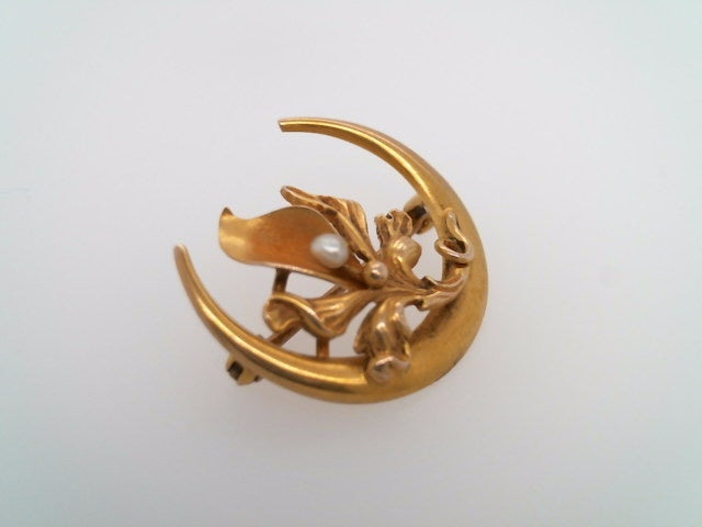 Antique Victorian 10 Karat Yellow Gold Crescent Moon Floral Pin With Seed Pearl