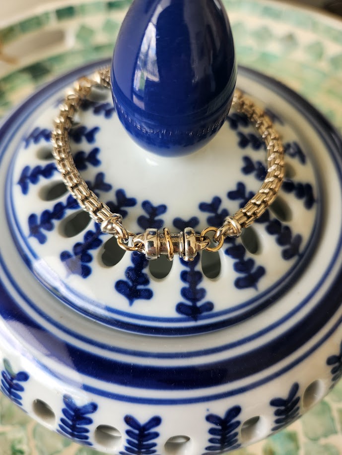 Vintage Sterling Silver/14 Karat Yellow Gold Bracelet With Blue Topaz Accent, 7.25"