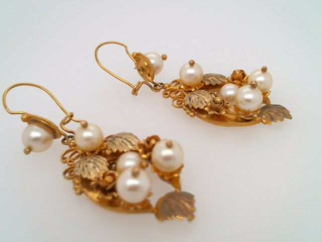 Vintage 14 Karat Yellow Gold Pearl Earrings With Flowers, Leaves & Scroliing Filgree Design