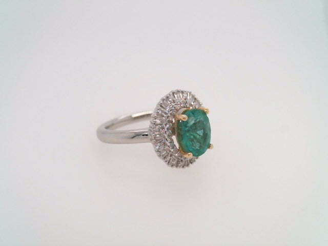 Platinum & 18 Karat Yellow Gold Emerald & Diamond Halo Style Ring