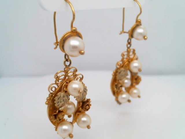 Vintage 14 Karat Yellow Gold Pearl Earrings With Flowers, Leaves & Scroliing Filgree Design