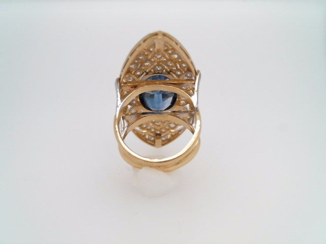 Vintage 18 Karat Yellow & White Gold Synthetic Blue Sapphire & Diamond Large Marquise Shaped Filigree Statement Ring