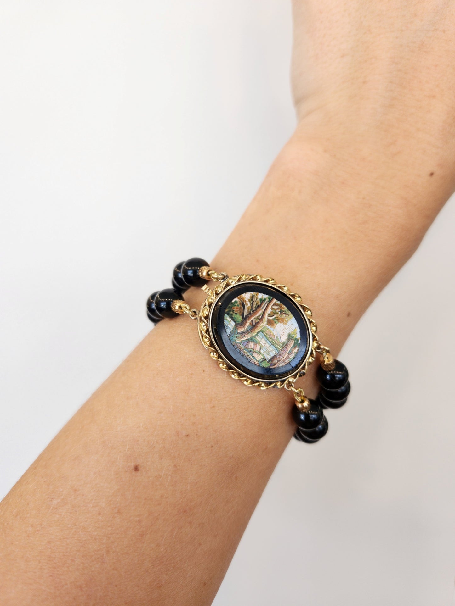Vintage 14 Karat Yellow Gold Double Strand 8 Mm Bead Bracelet With Antique Victorian Micro Mosaic Clasp, 7"