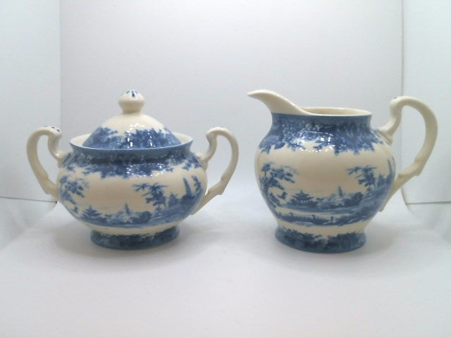Pagoda Blue Transferware Porcelain Tea Set With Tray.