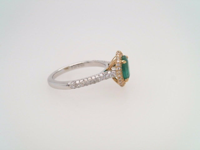 18 Karat White & Yellow Gold Oval Emerald With Diamond Accents Halo Style Ring