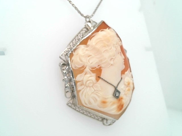 Antique 14 Karat White Gold Carved Seashell Cameo Pin/Pendant With Diamond Necklace
