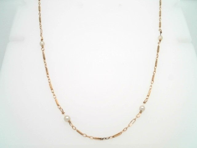 Vintage 14 Karat Yellow Gold Fancy Link & Pearl Station Chain Necklace, 24"