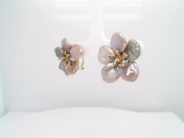 Vintage 14 Karat Yellow Gold Grey Freshwater Pearl & Diamond Flower Earrings