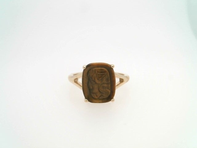 14 Karat Yellow Gold Cushion Shaped Carved Tiger's Eye Intaglio Split Shank Ring
