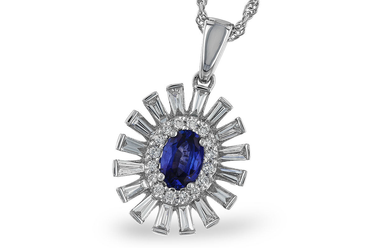 14 Karat White Gold Blue Sapphire & Diamond Starburst Style Necklace,
