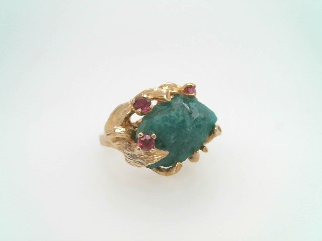Vintage 14 Karat Yellow Gold Rough Lab Grown Emerald Ring With Ruby Accents, Floral Motif Mounting With Leaves & Branches