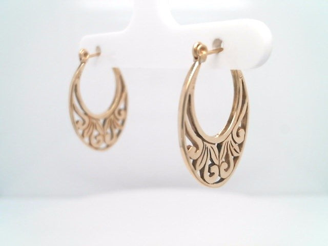 Vintage 14 Karat Yellow Gold Oval Shaped Hoop Earrings With Scrolling Filgree