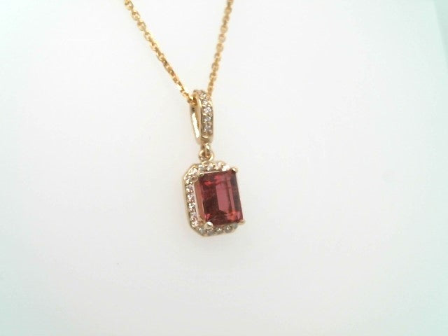 14 Karat Yellow Gold Emerald Cut Pink Tourmaline Pendant With Diamond Halo