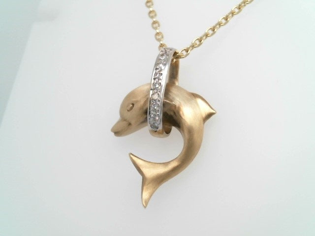 Vintage 14 Karat Yellow Gold Dolphin Jumping Thorugh A Diamond Hoop Pendant With Brushed Finish