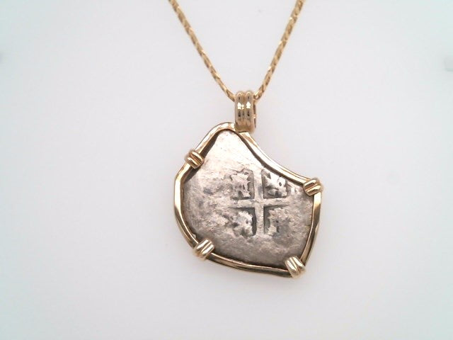 Sterling Silver Phillip V 2 Reales Coin Set In Prong Set In 14 Karat Yellow Gold Bezel Pendant