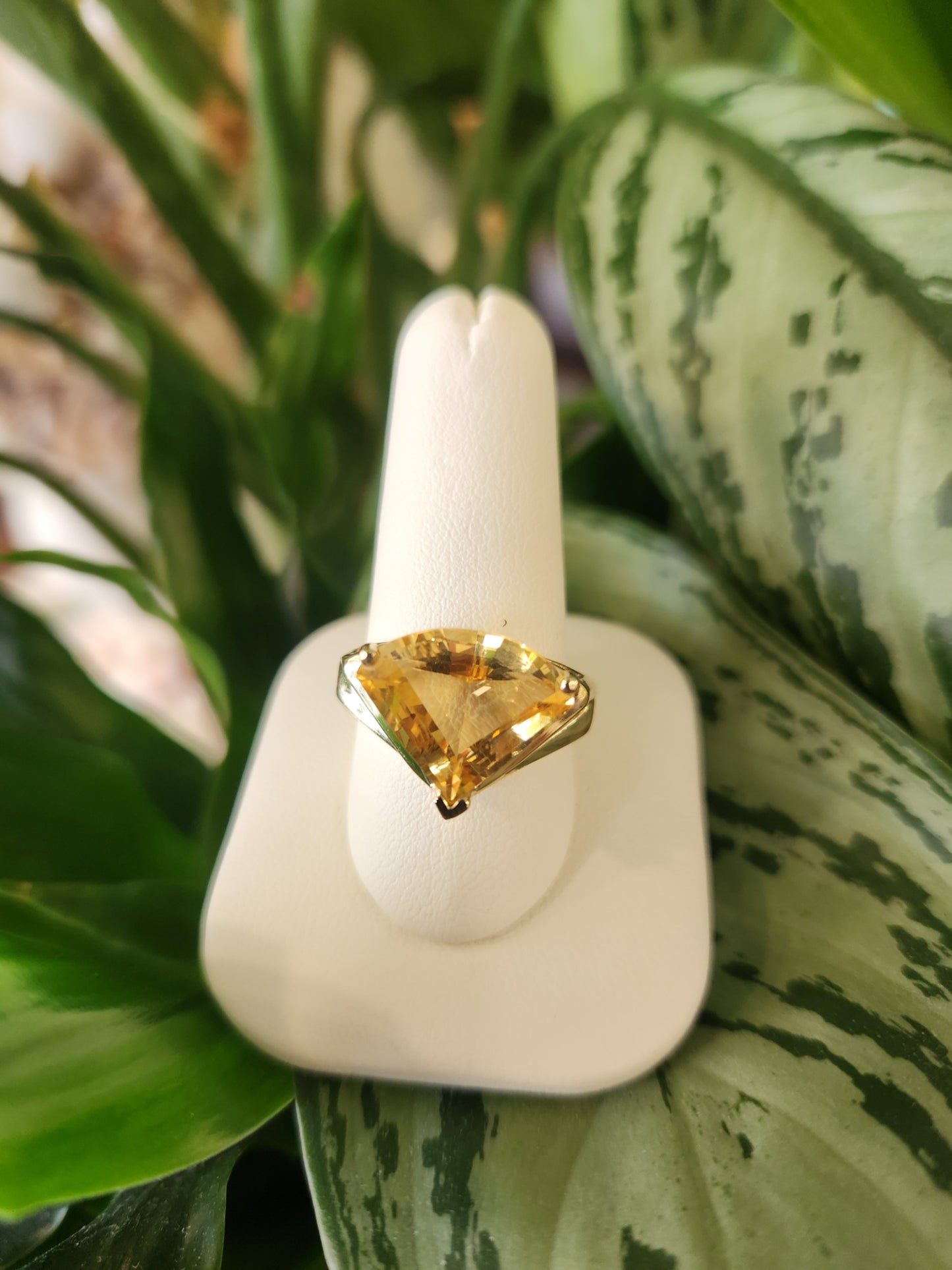 Vintage 14 Karat Yellow Gold Sheild Shaped Fantasy Cut Citrine Solitaire Ring