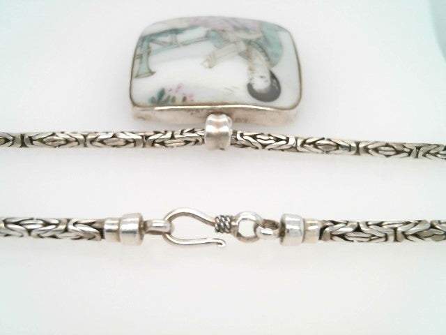 Vintage Sterling Silver Square Handpainted Porcelain Shard With Geisha Scene Bezel Set Pendant On 2.5 Mm Byzantine Link Chain, 18"