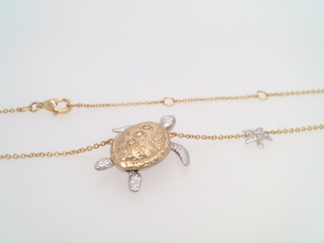 14 Karat Yellow And White Gold Matte Finish Fixed Diamond Turtle And Starfish Necklace 18" At Length With A Loop At 17" And 16"