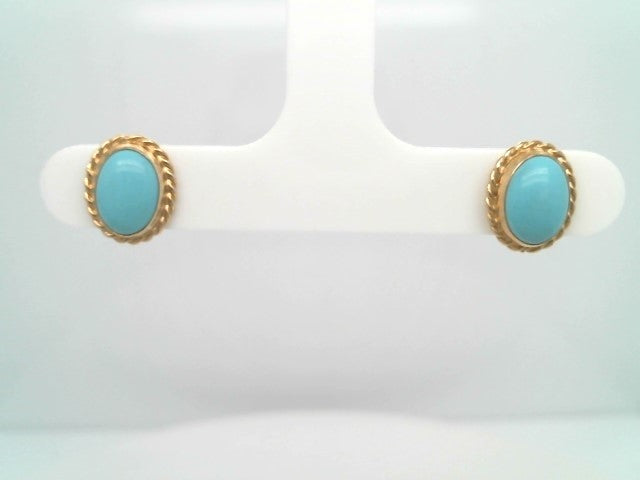 Vintage 14 Karat Yellow Gold Oval Turquoise Rope Edge Stud Earrings
