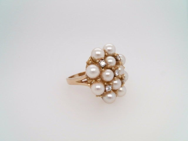 Vintage 14 Karat Yellow Gold Pearl & Diamond Cluster Ring