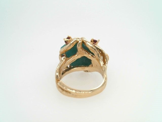 Vintage 14 Karat Yellow Gold Rough Lab Grown Emerald Ring With Ruby Accents, Floral Motif Mounting With Leaves & Branches