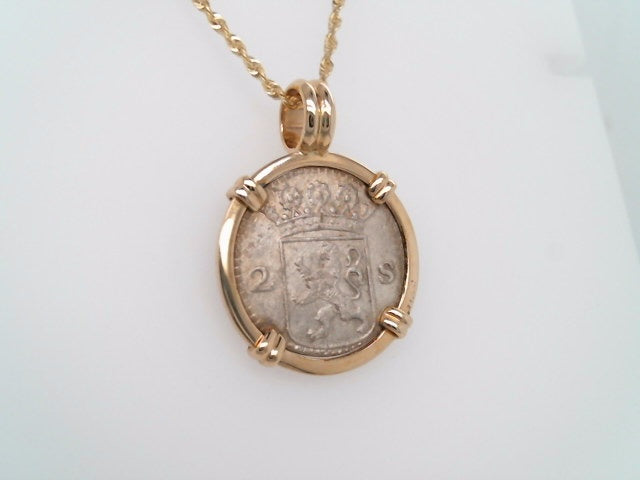 Sterling Silver double stuiver Coin Set In Prong Set In 14 Karat Yellow Gold Bezel Pendant