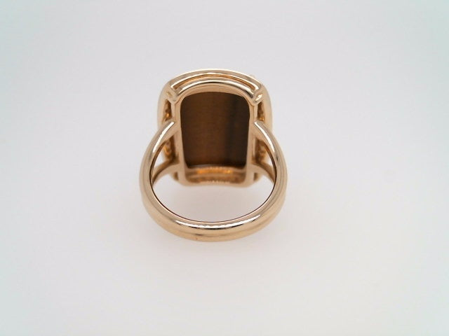 14 Karat Yellow Gold Carved Tiger's Eye Intaglio Ring With Diamond Halo