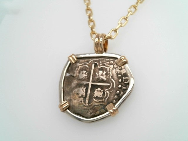 Silver 2 Reale Coin Pendant Prong Set In Sterling Silver Bezel With 14 Karat Yellow Prongs