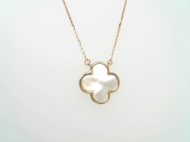 Vintage 14 Karat Yellow Gold Mother Of Pearl Quatrefoil/Clover Necklace, 18"
