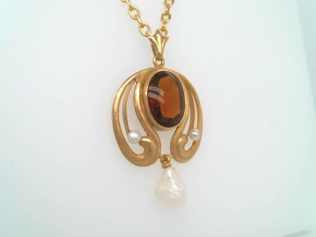 Antique 14 Karat Yellow Gold Art Nouveau Madeira Citrine & Pearl Lavalier Style Pendant