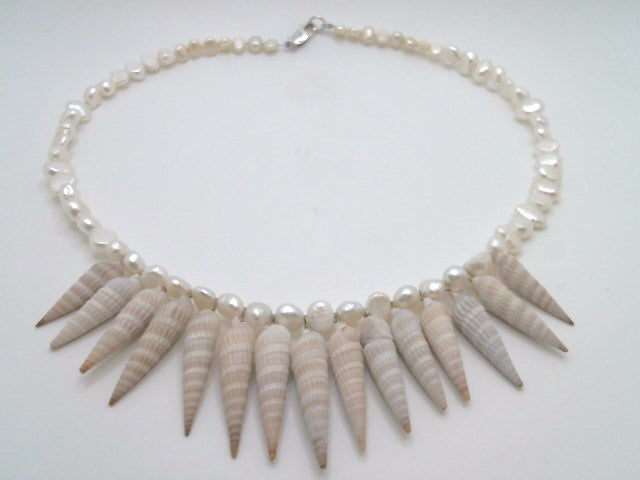 Sterling Silver White Freshwater Pearl And Florida Auger Seashell "Spike" Necklace 18.5"