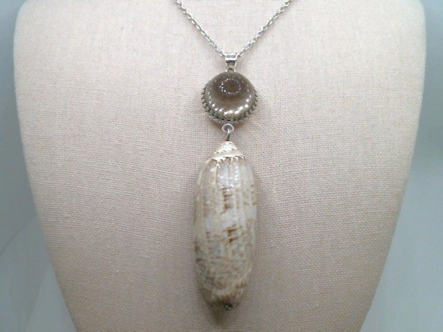 Sterling Silver Lettered Olive Shell & Smokey Quartz Pendant