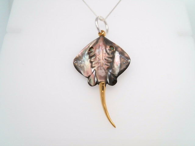 Sterling Silver With 22 Karat Gold Vermeil Carved Mother Of Pearl Stingray With 2 Emerald Eyes 18 " Chain Included