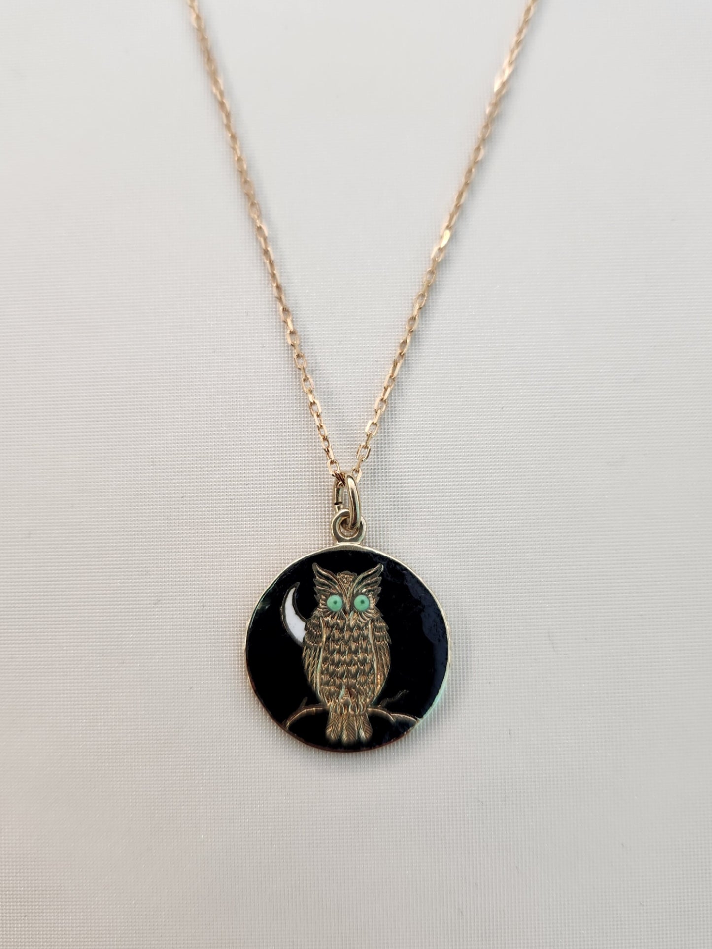 Vintage 14 Karat Yellow Gold 15 Mm French Black Enamel Owl Charm