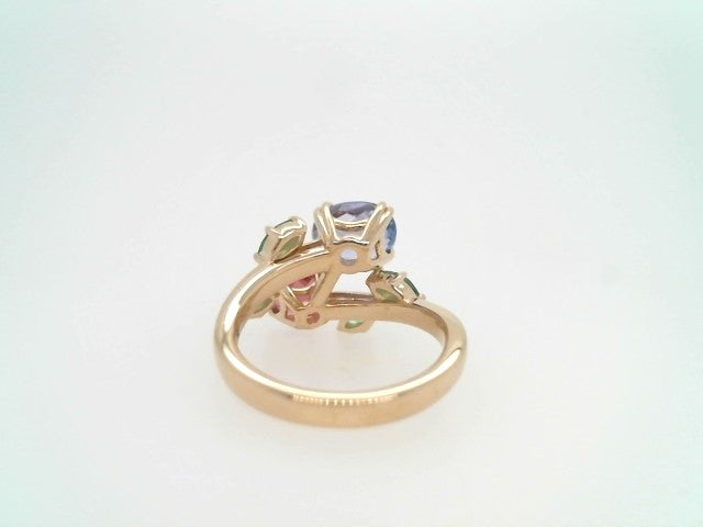 14 Karat Yellow Gold Pink Tourmaline, Tanzanite & Tsavorite Floral Bypass Style Ring
