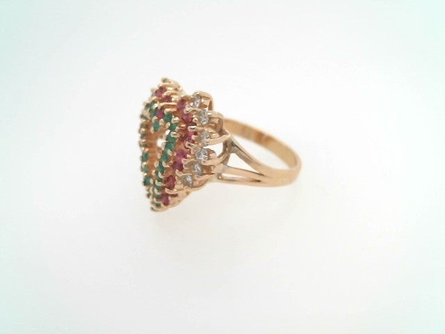 Vintage 14 Karat Yellow Gold Diamond, Ruby & Emerald Open Heart Ring