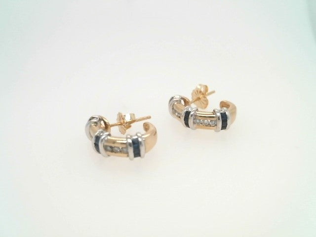 Vintage 14 Karat Yellow & White Gold Diamond & Blue Sapphire 1/2 Hoop Earrings
