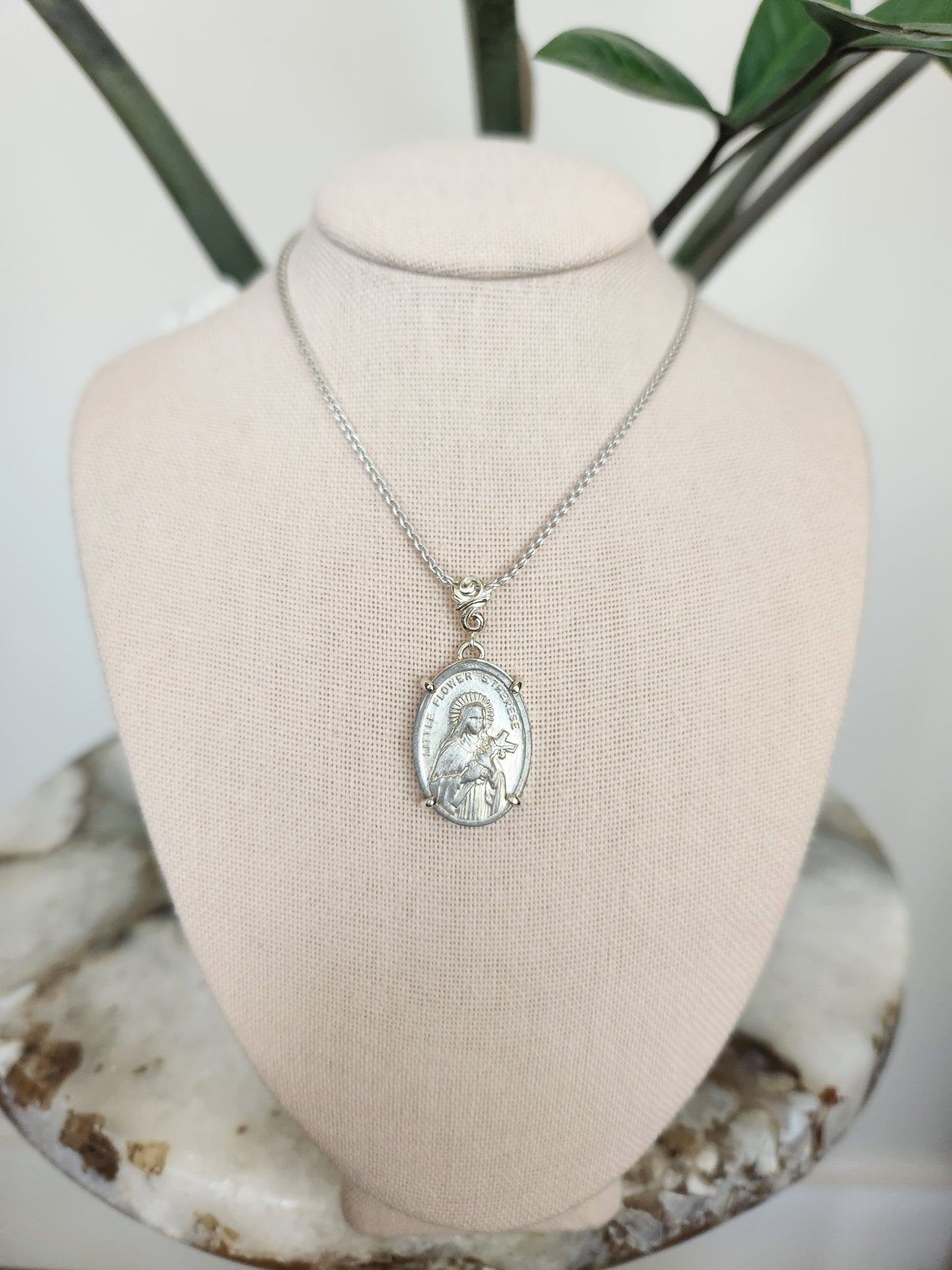 Sterling Silver Pendant With Floral Bail Set With Vintage St. Therese Italian Medallion