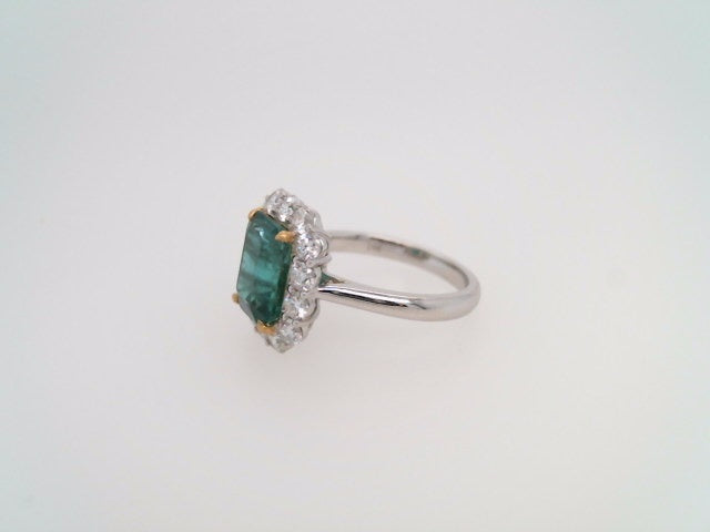 18 Karat White Gold Emerald Cut Emerald & Diamond Halo Style Ring