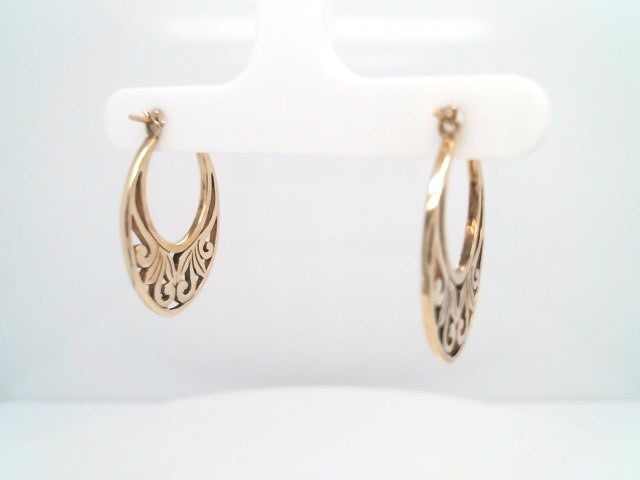 Vintage 14 Karat Yellow Gold Oval Shaped Hoop Earrings With Scrolling Filgree
