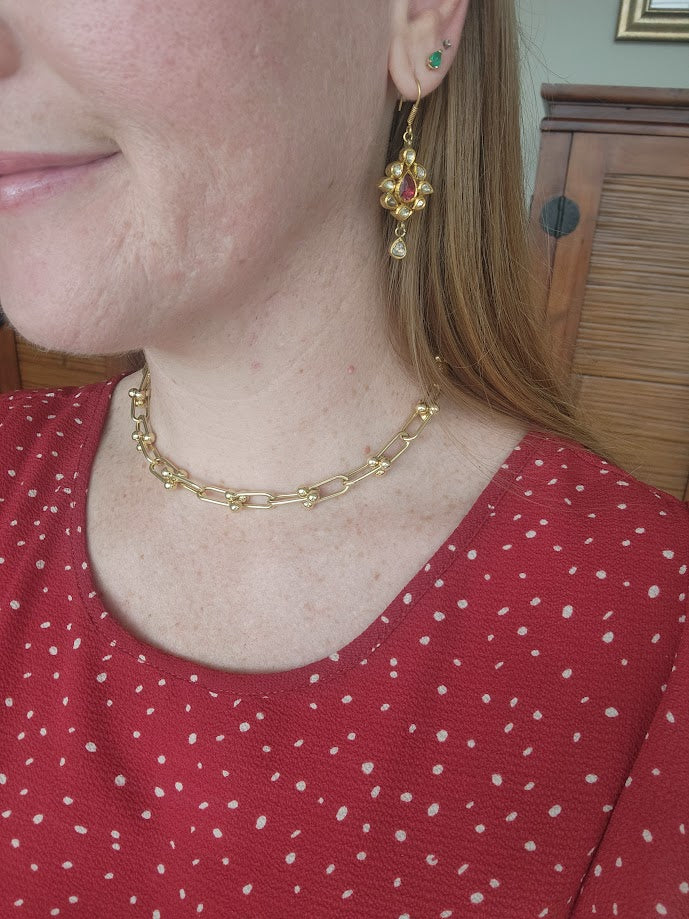 Vintage 14 Karat Yellow Gold 10 Mm Fancy Open Link With Bead End Chain Necklace, 16"