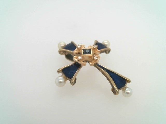 Vintage 14 Karat Yellow Gold Blue Enamel, Sapphire, Diamond & Pearl Cross Pendant