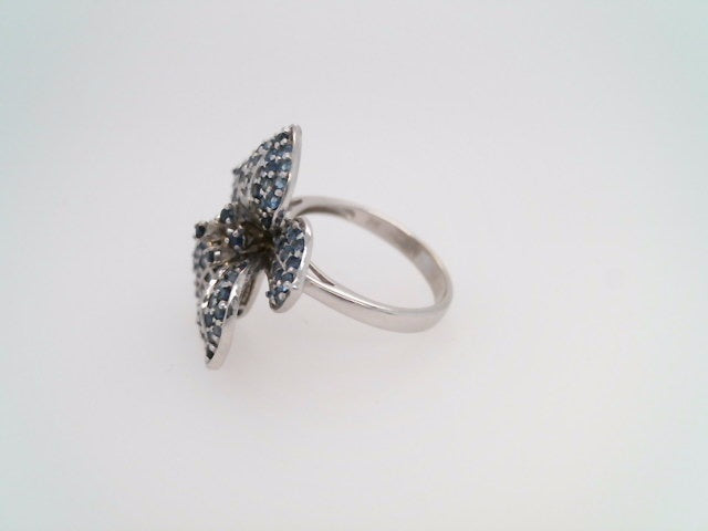 Vintage 14 Karat White Gold Blue Sapphire Pave Flower Ring