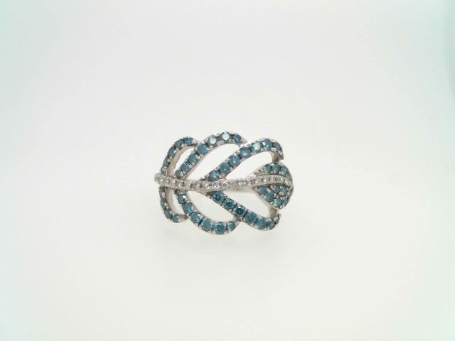 14 Karat White Gold Blue & White Diamond Feather Design Ring