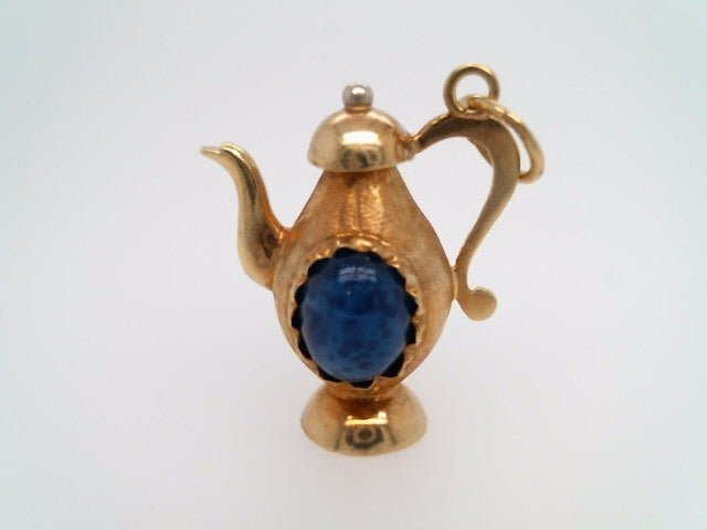 Vintage 18 Karat Yellow Gold Handmade Italian Teapot Charm With Lapis Blue Murano Glass Cabochons