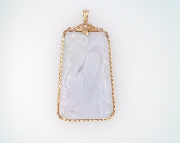 Vintage 14 Karat Yellow Gold Carved White Jade Pendant With Fancy Scalloped Frame
